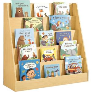 imageSONGMICS Kids Bookcase 5Tier Montessori Bookshelf FrontFacing Book Display Rack for Childrens Room Reading Nook 118 x 315 x 315 Inches Cloud White UGKR076WZ01Beech Beige