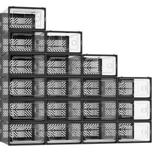 imageSONGMICS Stackable Shoe Boxes Foldable Shoe Storage Organizers Ventilated for Max Mens Shoes US Size 9 or Womens Shoes US Size 11 Sneakers Set of 12 Transparent and White ULSP106W12V2Transparent  Black