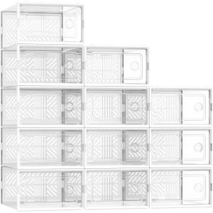 imageSONGMICS Stackable Shoe Boxes Foldable Shoe Storage Organizers Ventilated for Max Mens Shoes US Size 9 or Womens Shoes US Size 11 Sneakers Set of 12 Transparent and White ULSP106W12V2Transparent  White