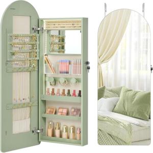 imageSONGMICS Wide Jewelry Organizer LED Jewelry Cabinet WallDoor Mounted Arched Mirror with Storage Lockable Rounded Corner Interior Mirror 39 x 165 x 425 Inches Jelly Pink UJJC020SA01SLaurel Green