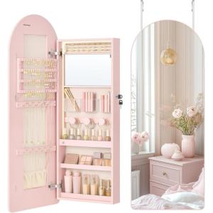 imageSONGMICS Wide Jewelry Organizer LED Jewelry Cabinet WallDoor Mounted Arched Mirror with Storage Lockable Rounded Corner Interior Mirror 39 x 165 x 425 Inches Jelly Pink UJJC020SA01SJelly Pink