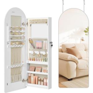 imageSONGMICS Wide Jewelry Organizer LED Jewelry Cabinet WallDoor Mounted Arched Mirror with Storage Lockable Rounded Corner Interior Mirror 39 x 165 x 425 Inches Jelly Pink UJJC020SA01SCloud White