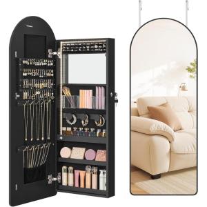 imageSONGMICS Wide Jewelry Organizer LED Jewelry Cabinet WallDoor Mounted Arched Mirror with Storage Lockable Rounded Corner Interior Mirror 39 x 165 x 425 Inches Jelly Pink UJJC020SA01SInk Black