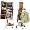 imageSONGMICS 6 LEDs Lockable Mirror Jewelry CabinetOrganizer Standing Jewelry Armoire with 4 Wheels Mirror with Jewelry Storage Coat Rack Shelf Rustic Brown and Black UJJC005X01