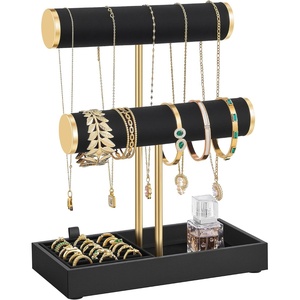 image:imageSONGMICS Bracelet Holder Stand Jewelry Display Stand Jewelry Organizer with 2 Tiers and Velvet Tray Removable Ring Holder Cream White and Pale Gold UJJS039W101Ink Black  Pale Gold