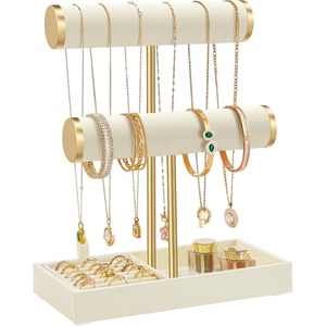 image:imageSONGMICS Bracelet Holder Stand Jewelry Display Stand Jewelry Organizer with 2 Tiers and Velvet Tray Removable Ring Holder Cream White and Pale Gold UJJS039W101Cream White  Pale Gold