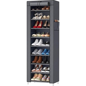 image:imageSONGMICS Home Shoe Rack 10Tier Tall Narrow Metal Shoe Organizer with Dust Cover 112 x 191 x 632 Inches Vertical Storage Cabinet for Closet Entryway BlackGrey