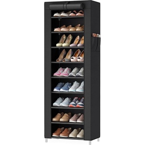 image:imageSONGMICS Home Shoe Rack 10Tier Tall Narrow Metal Shoe Organizer with Dust Cover 112 x 191 x 632 Inches Vertical Storage Cabinet for Closet Entryway BlackBlack