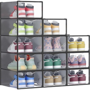 image:imageSONGMICS Shoe Boxes Shoe Storage Organizers Rack for Closet Plastic Stackable Sneaker Containers Case 12 Pack Transparent and Cloud White ULSP312W01Transparent  Ink Black