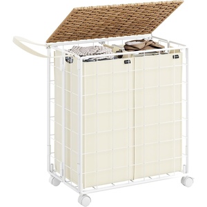 image:imageSONGMICS Laundry Hamper 110L Laundry Basket with Lid Clothes Hamper with Wheels Collapsible Removable Liner Bag IronMade Laundry Sorter Natural Beige and Cream White ULCB211N01Natural Beige  Cream White
