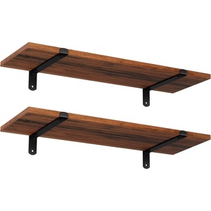 image:imageSONGMICS Set of 2 Wall Shelves Floating Shelf Decorative Shelves Retro Style for Living Room Kitchen Study Hallway Max Capacity 22 lb for Each 236 x 79 x 27 Inches Brown and Black ULWS04NB