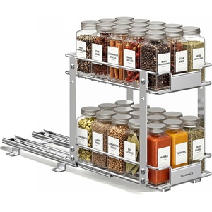 image:imageSONGMICS 2 Tier Pull Out Spice Rack for inside Cabinets Spice Organizer Slide Out Cabinet Organizer Steel for Kitchen Cabinet Storage Black UKCS117B101Silver