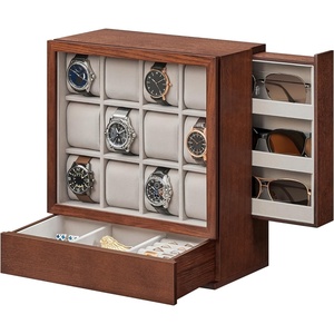 image:imageSONGMICS Watch Box 12 Slots with Glass Windows 360 Rotating Vertical Watch Display Case Jewelry Sunglasses Ring Storage 10 Necklace Hooks Removable Pillows Velvet Lining Ink Black UJWB028B01Coffee Brown