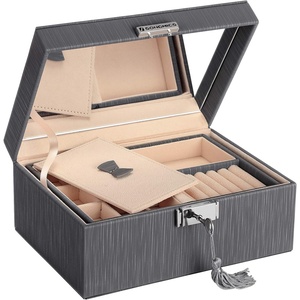 image:imageSONGMICS 2Layer Box Lockable Jewelry Organizer Foldable Tray Removable Divider Gray UJBC232GY