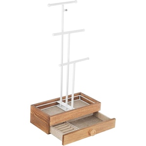 image:imageSONGMICS 2in1 Jewelry Display Stand Holder Jewelry Rack Tree with 3 Metal Bars with Holes Drawer and Removable Slots for Necklaces Bracelets Earrings Rings Rustic Brown and White UJJS014W01