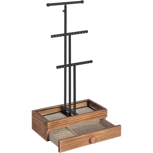 image:imageSONGMICS 2in1 Jewelry Display Stand Holder Jewelry Rack Tree with 3 Metal Bars with Holes Drawer and Removable Slots for Necklaces Bracelets Earrings Rings Rustic Brown and Black UJJS14CB