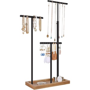 image:imageSONGMICS 2in1 Jewelry Display Stand Holder Jewelry Rack Tree with 3 TShape Metal Bars with Holes Storage Tray Adjustable Long Necklace Bracelet Earring Ring Rustic Brown and Black UJJS016B01