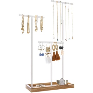 image:imageSONGMICS 2in1 Jewelry Display Stand Holder Jewelry Rack Tree with 3 TShape Metal Bars with Holes Storage Tray Adjustable Long Necklace Bracelet Earring Ring Rustic Brown and White UJJS016W01