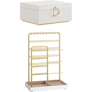 image:imageSONGMICS 2Layer Jewelry Box Bundle with Jewelry Holder Metal Frame  Jewelry Organizer with Handle Floating Effect Display Stand White and Pale Gold