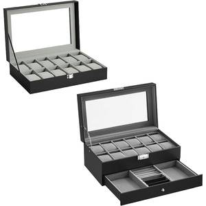 image:imageSONGMICS 2 Items Bundle  Watch Boxes 12Slot Watch Box with Large Glass Lid and Removable Watch Pillows 2Layer Case with 12 Slots Black Synthetic Leather Gray Lining UJWB12BK and UJWB012