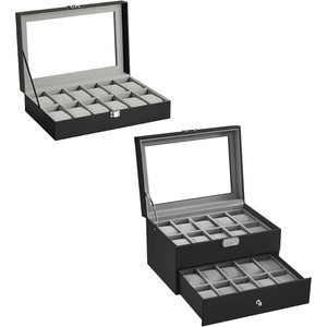 image:imageSONGMICS 2 Items Bundle  Watch Boxes 20Slot Watch Case with Glass Lid 12Slot Case with Large Glass Lid and Removable Watch Pillows Black Synthetic Leather Gray Lining UJWB12BK and UJWB006
